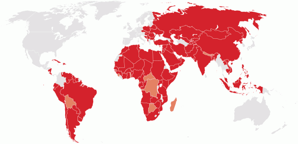 Countries recognising the 'State of Palestine' in April 2011; those without full diplomatic ties shown in pink